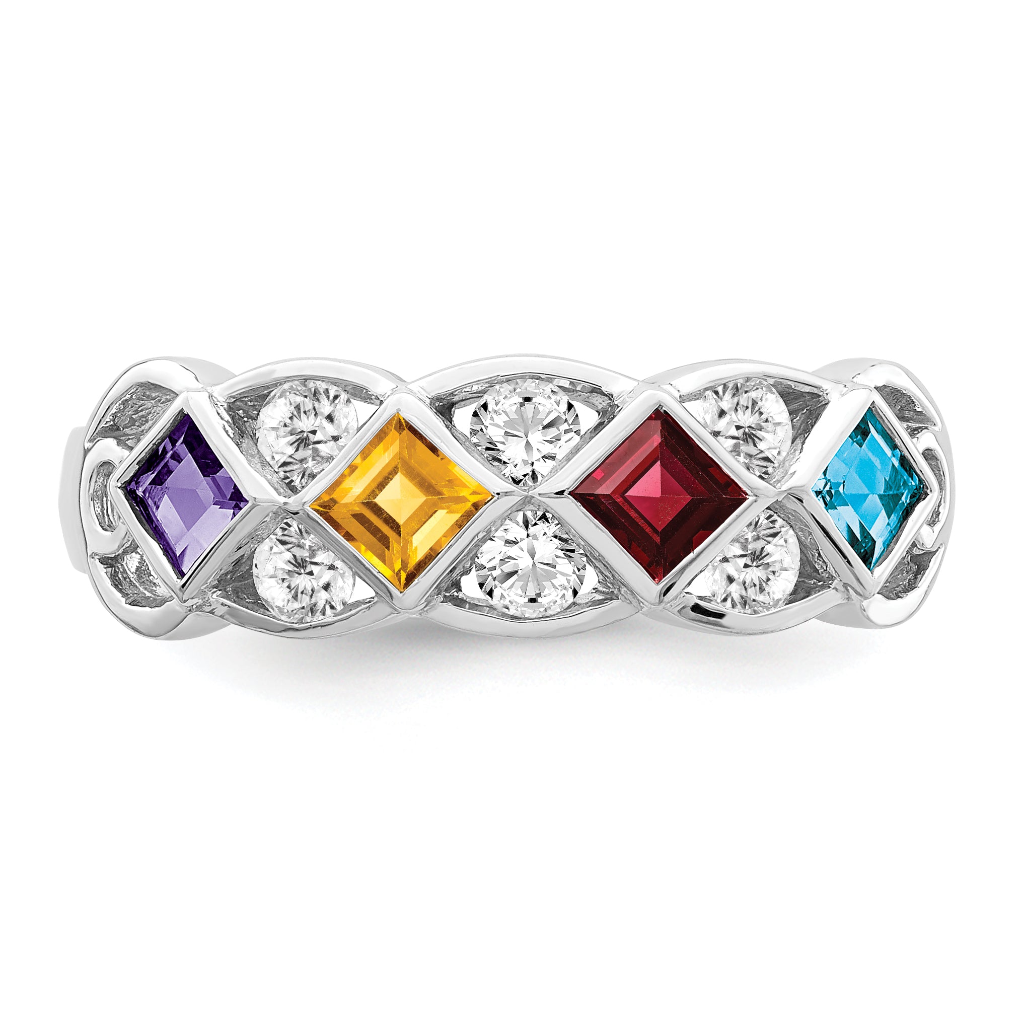 SS Rhodium-plated WithCZ, Amethyst, Citrine, Garnet & Blue Topaz Ring