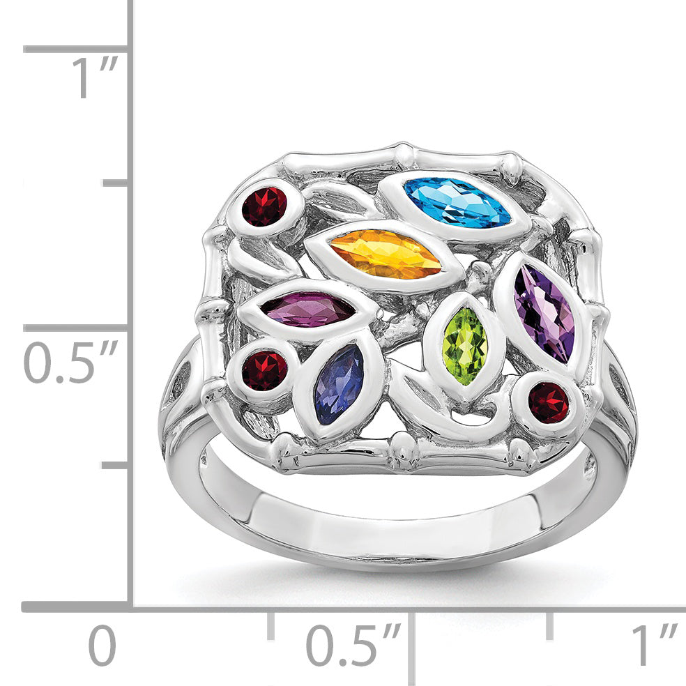 Sterling Silver Rhodium-plated Multi Gemstone Ring