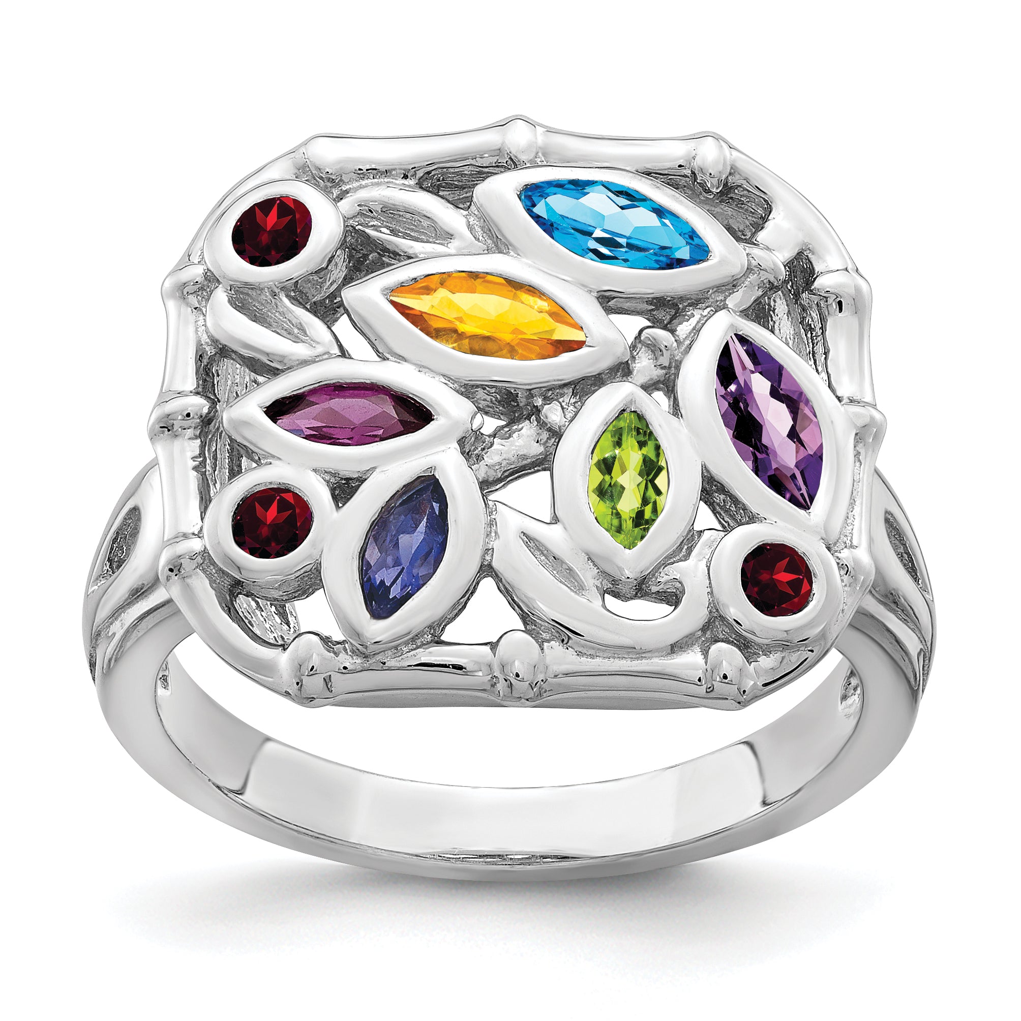 Sterling Silver Rhodium-plated Multi Gemstone Ring