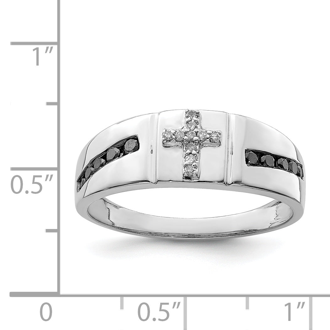 Sterling Silver Rhodium Plated Black and White Diamond Cross Men's Ring