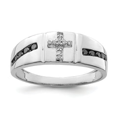 Sterling Silver Rhodium Plated Black and White Diamond Cross Men's Ring