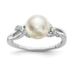 Sterling Silver Rhodium-plated 8-9mm White Fresh Water Cultured Pearl CZ Ring