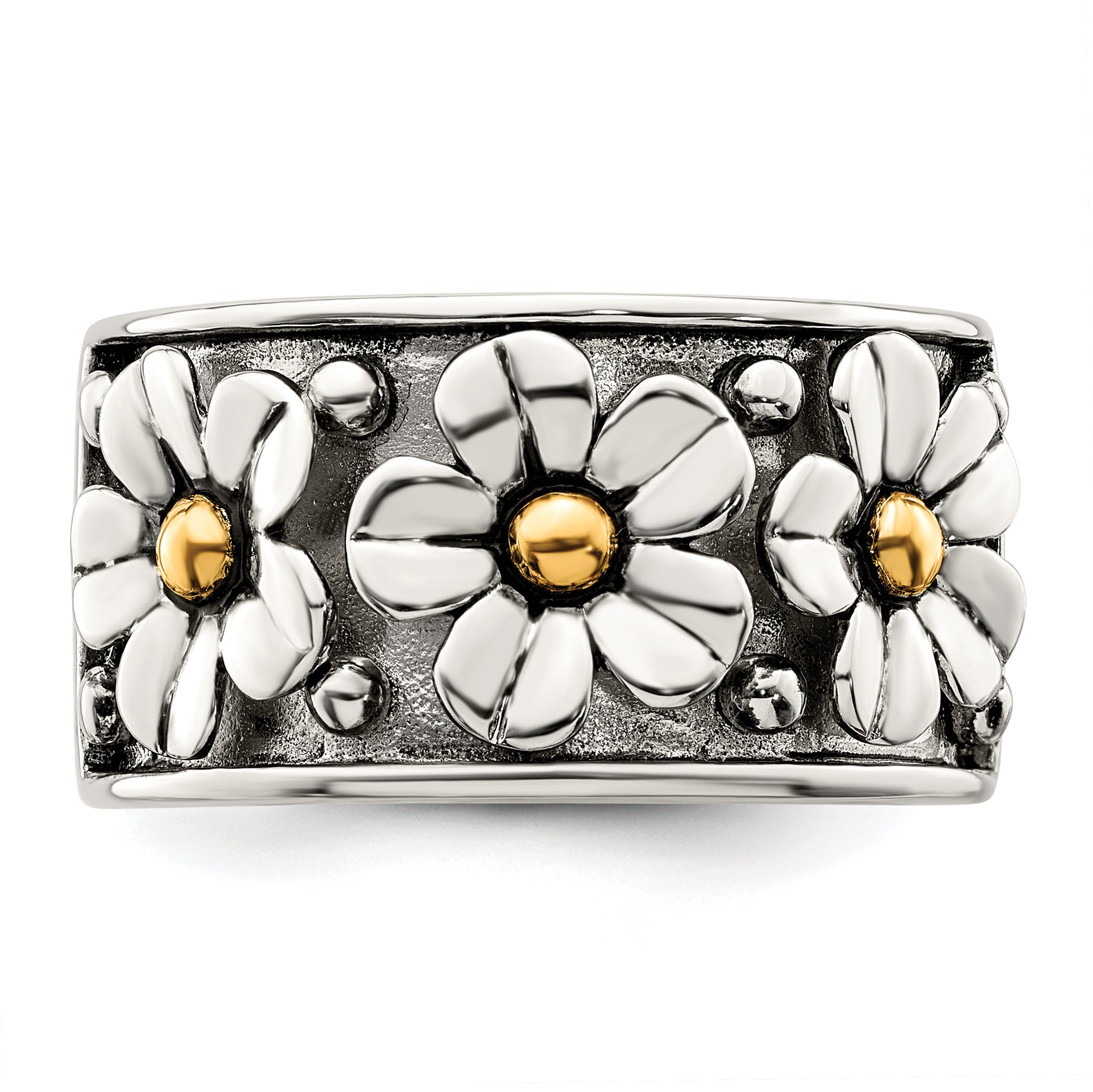 Sterling Silver Antiqued With 14k Gold Centers Daisy Ring