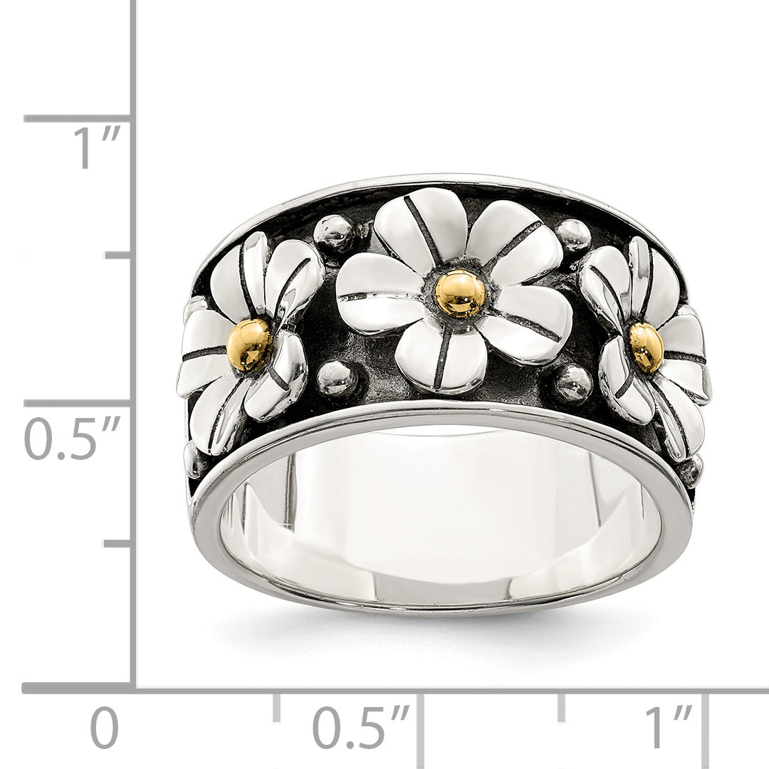 Sterling Silver Antiqued With 14k Gold Centers Daisy Ring