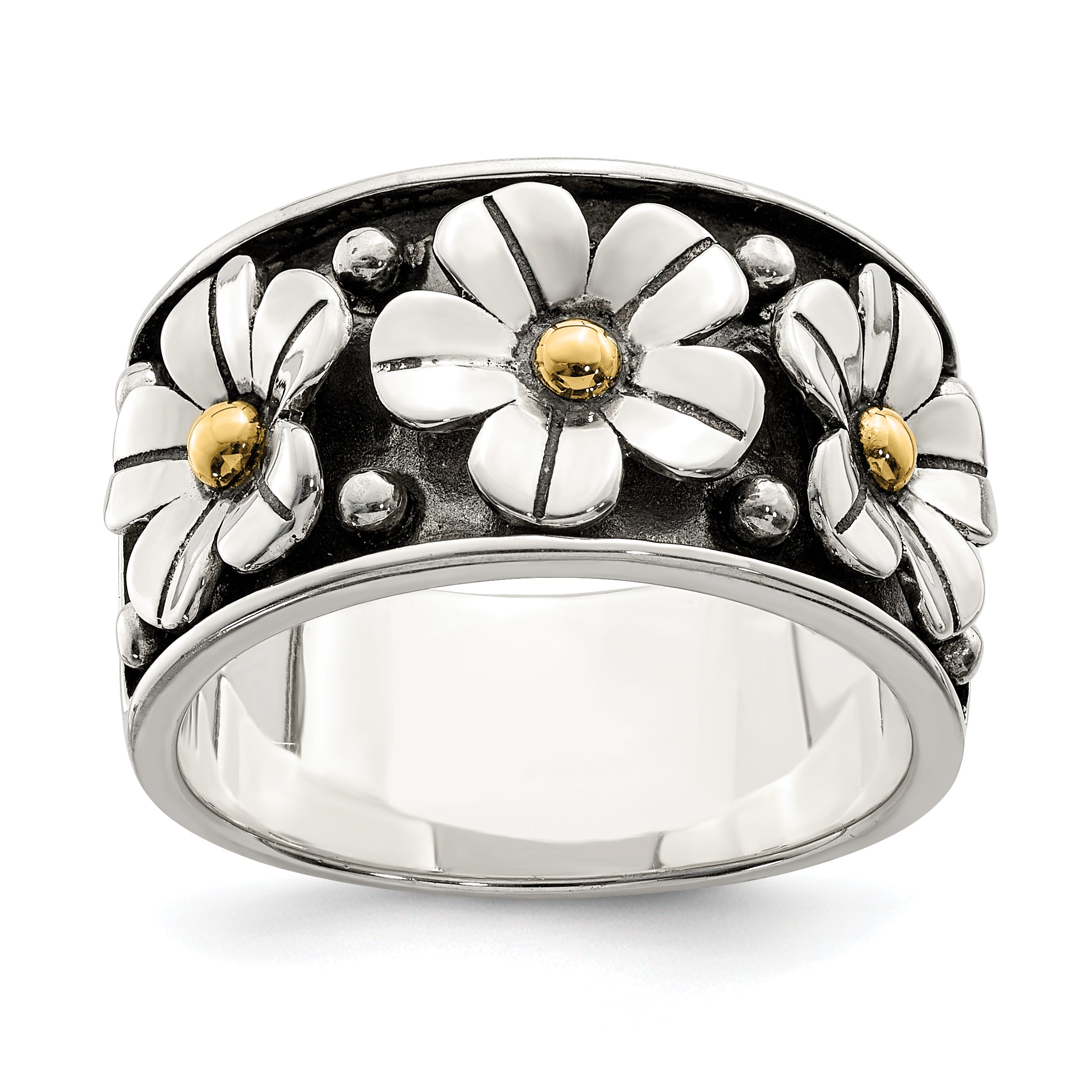 Sterling Silver Antiqued With 14k Gold Centers Daisy Ring