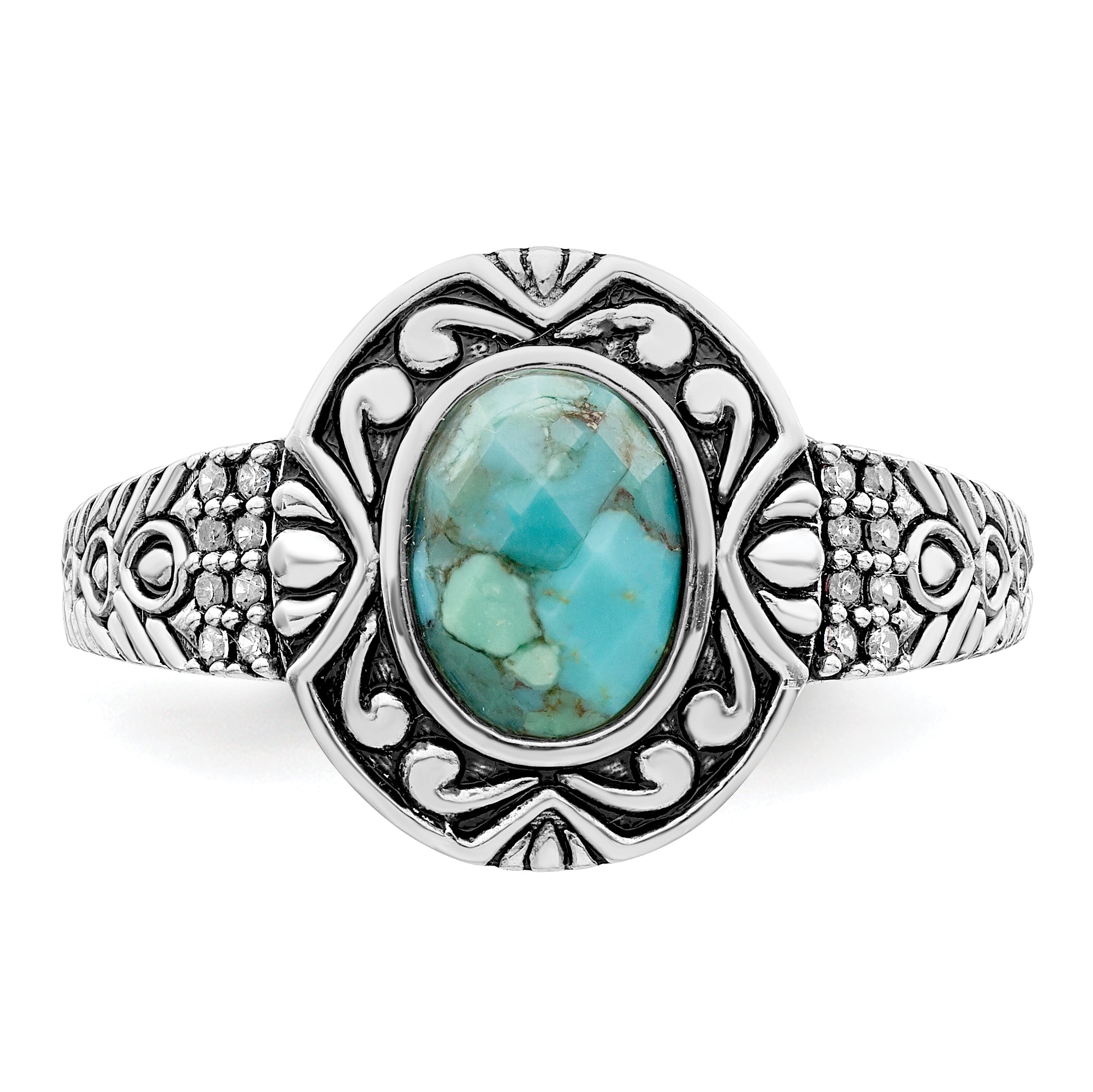 Sterling Silver Rhodium-plated Oxidized Faceted Recon. Turquoise Ring