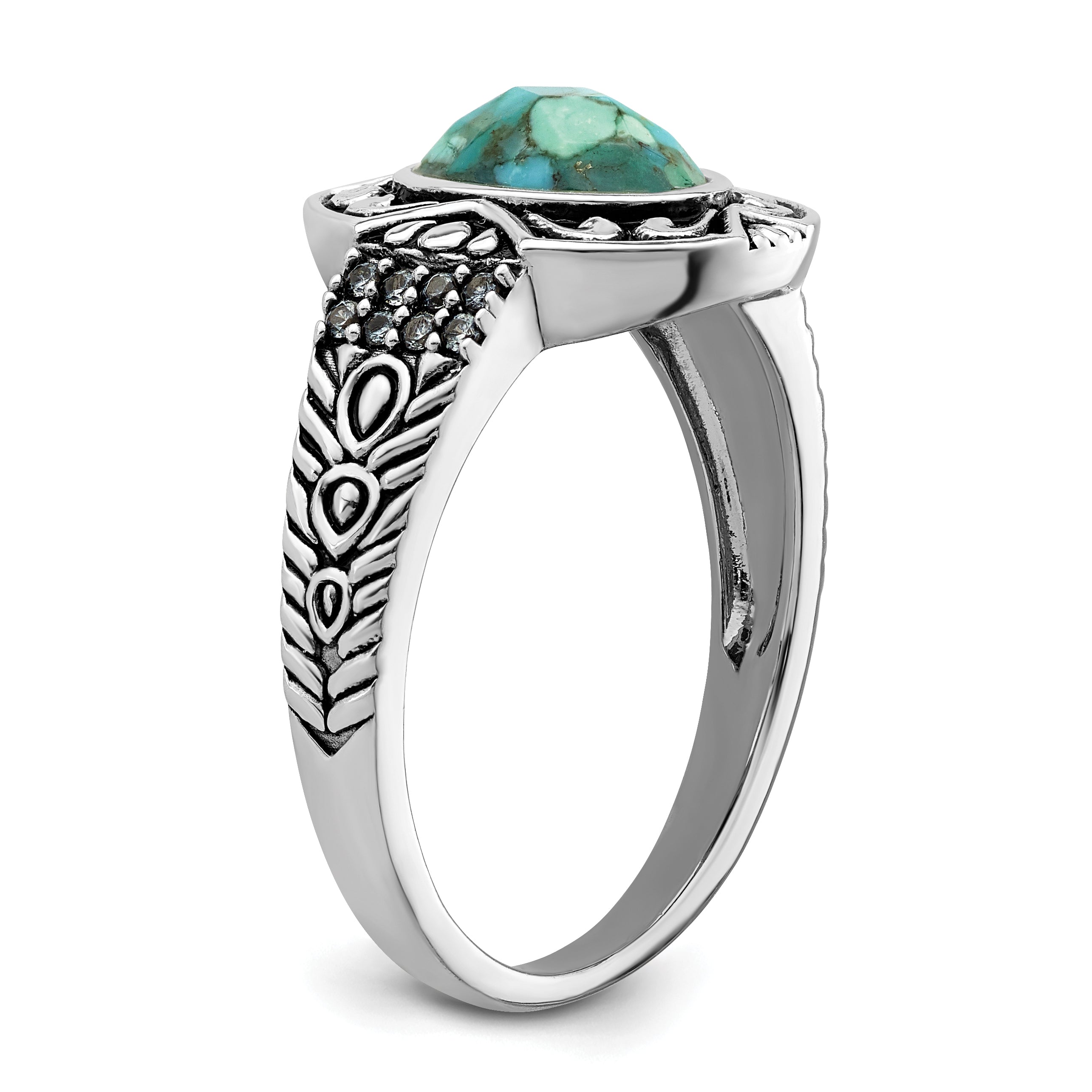 Sterling Silver Rhodium-plated Oxidized Faceted Recon. Turquoise Ring