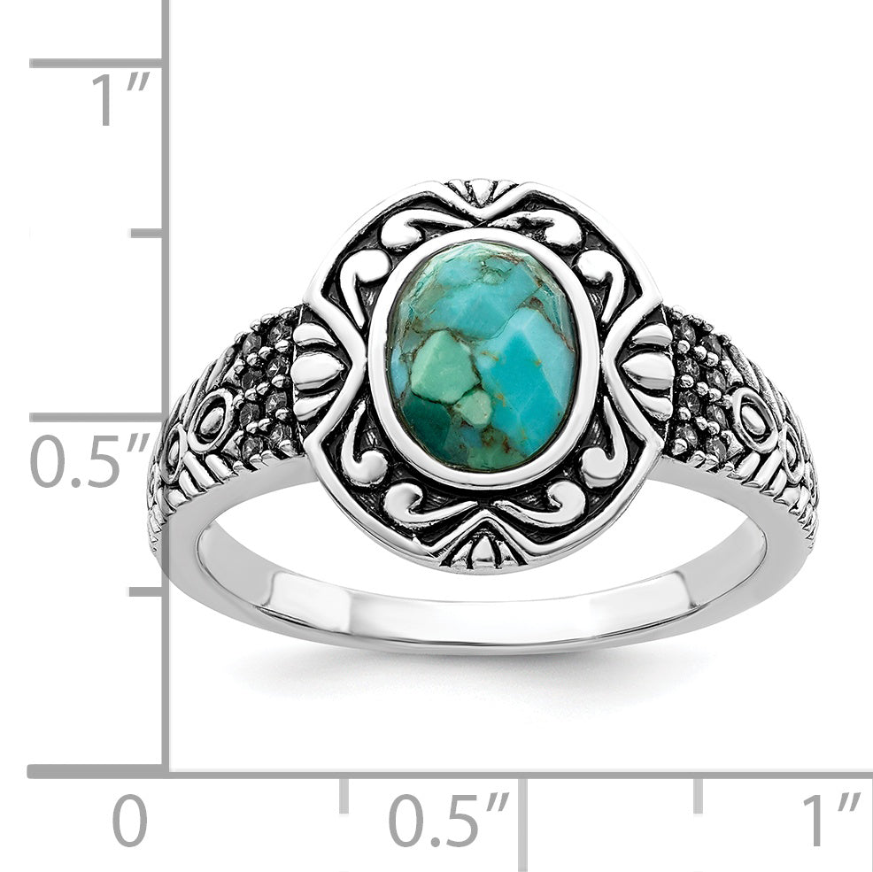 Sterling Silver Rhodium-plated Oxidized Faceted Recon. Turquoise Ring