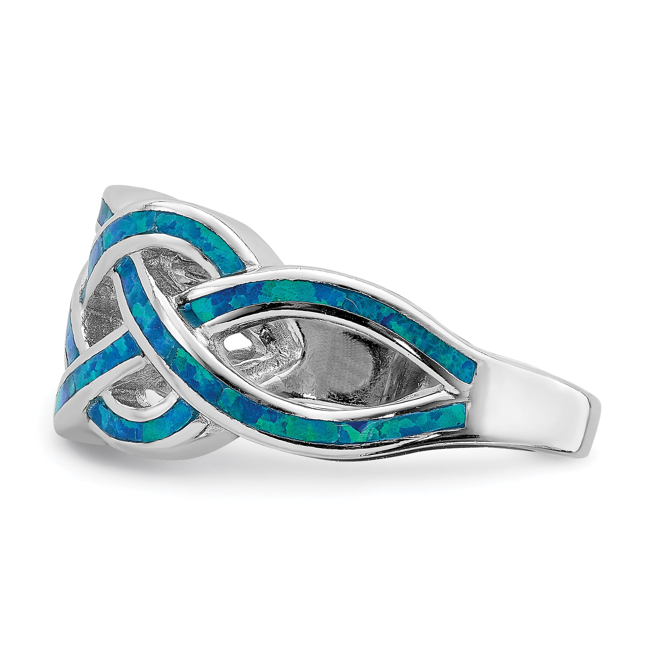 Sterling Silver Rhodium-plated Lab Created Blue Opal Inlay Celtic Knot Ring