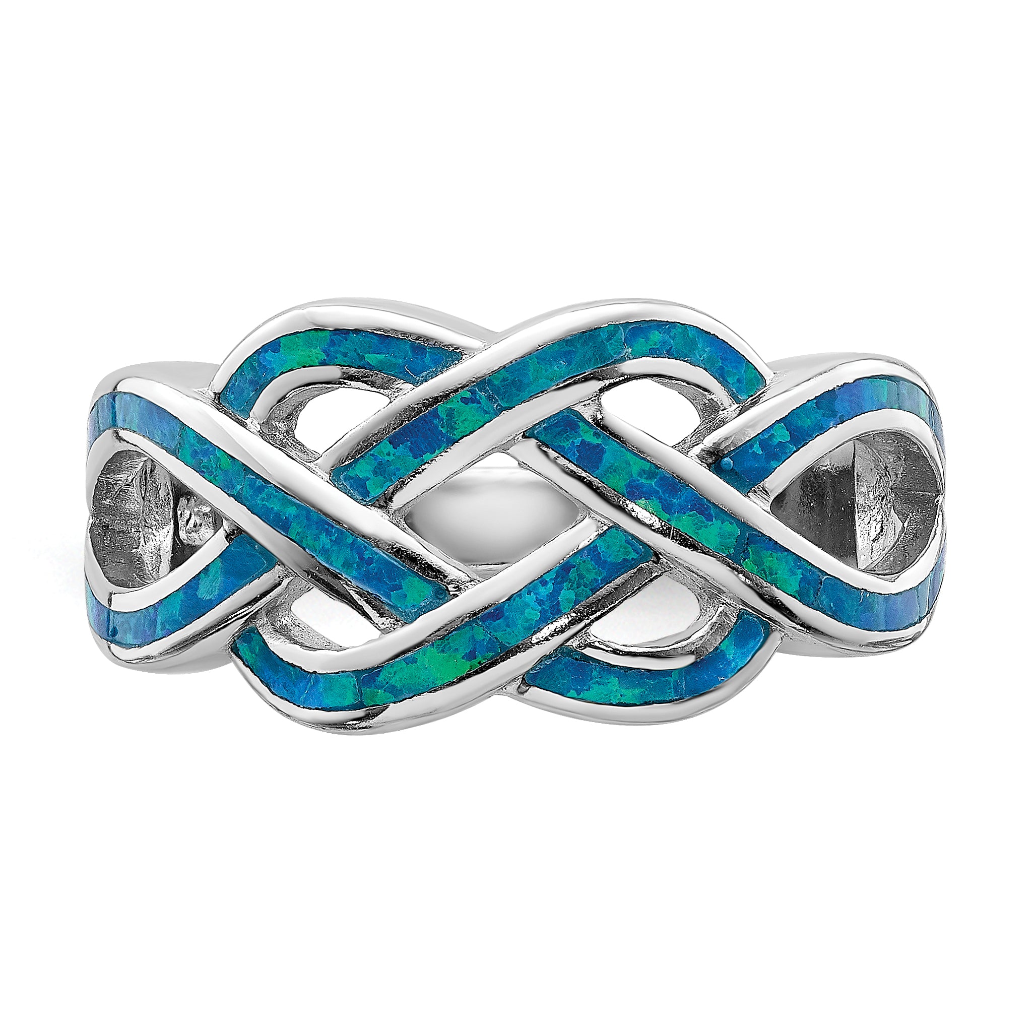 Sterling Silver Rhodium-plated Lab Created Blue Opal Inlay Celtic Knot Ring