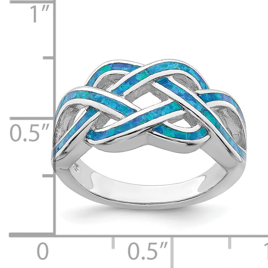 Sterling Silver Rhodium-plated Lab Created Blue Opal Inlay Celtic Knot Ring