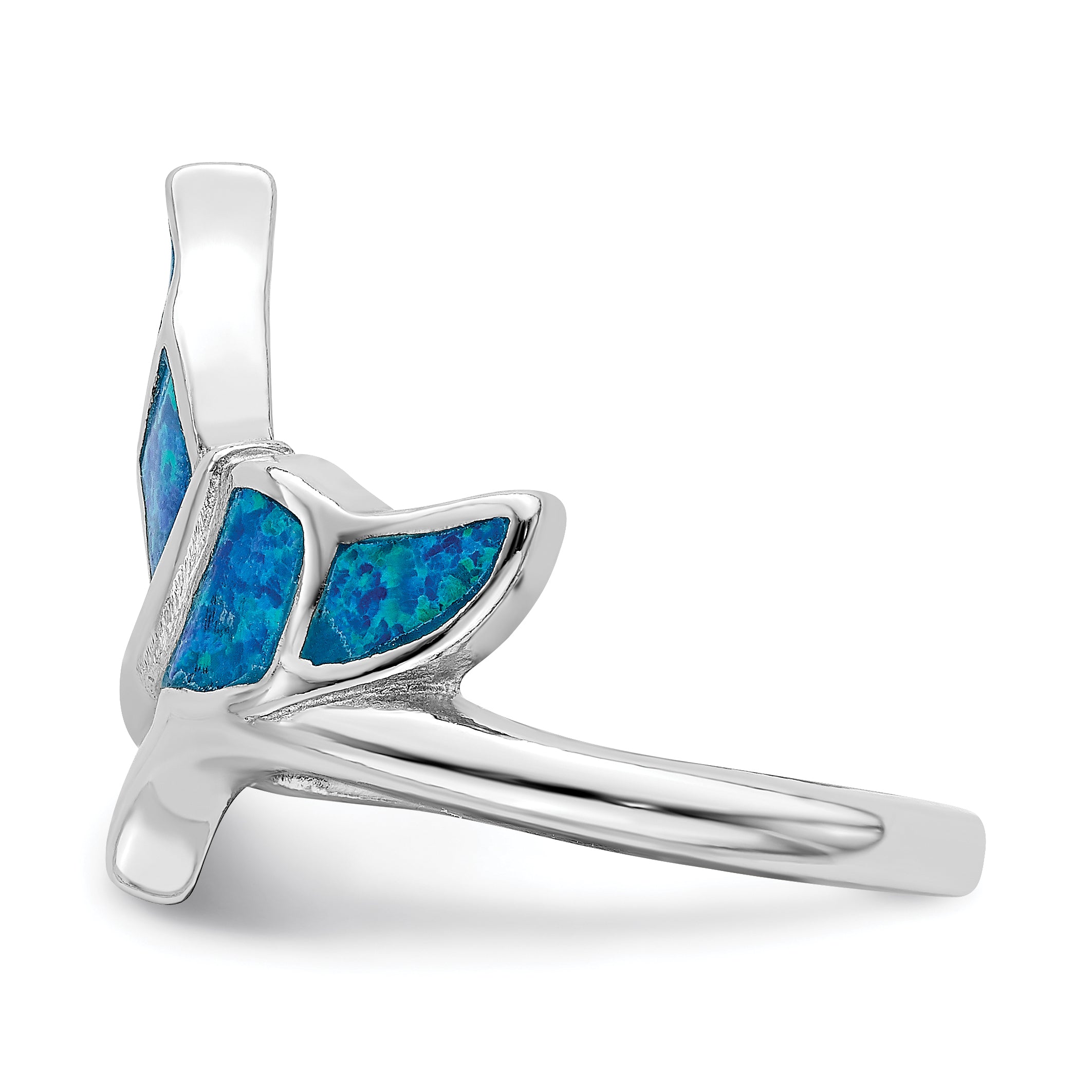 Sterling Silver Rhod-plated Blue Inlay Created Opal Whale Tail Ring