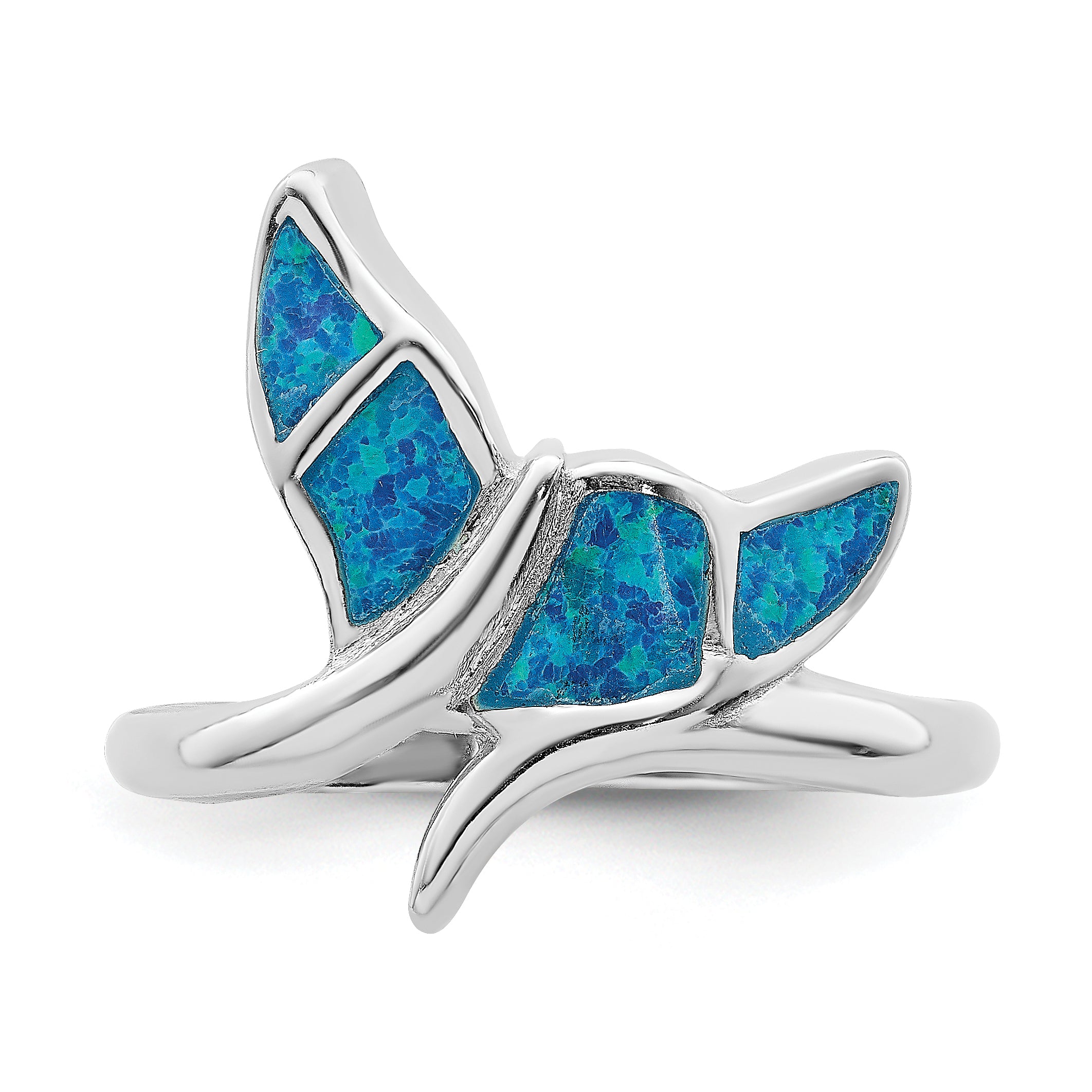 Sterling Silver Rhod-plated Blue Inlay Created Opal Whale Tail Ring