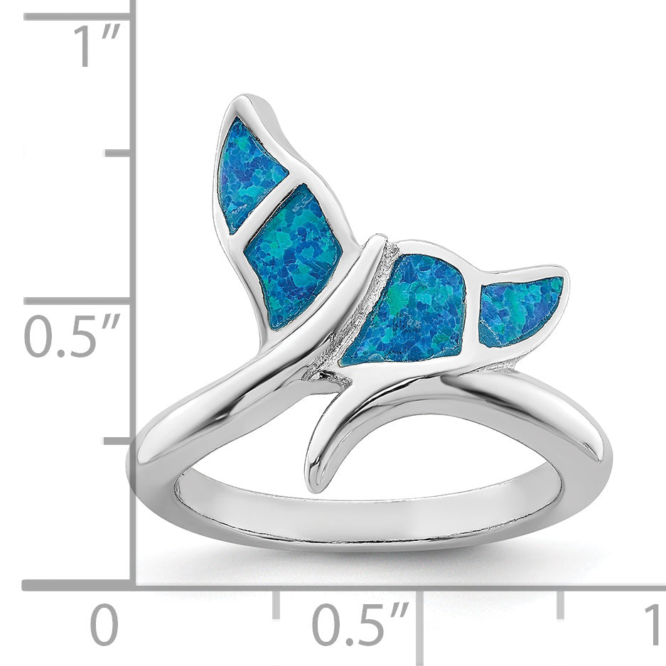 Sterling Silver Rhod-plated Blue Inlay Created Opal Whale Tail Ring