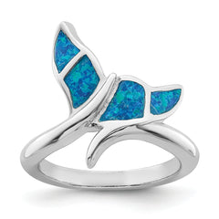 Sterling Silver Rhod-plated Blue Inlay Created Opal Whale Tail Ring