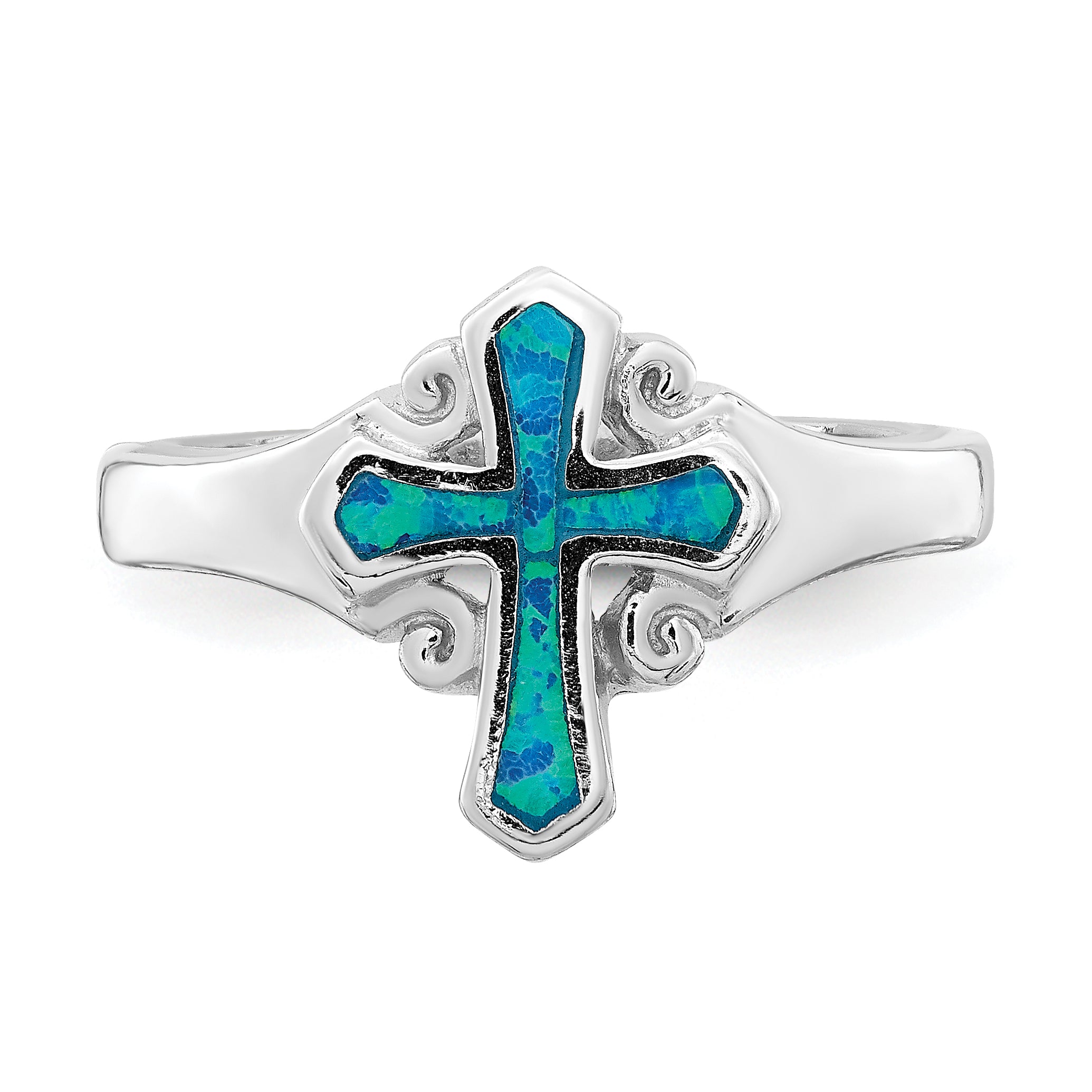 Sterling Silver Rhodium-plated Blue Inlay Created Opal Cross Ring