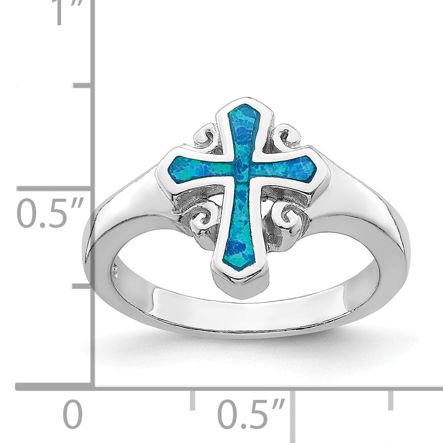 Sterling Silver Rhodium-plated Blue Inlay Created Opal Cross Ring