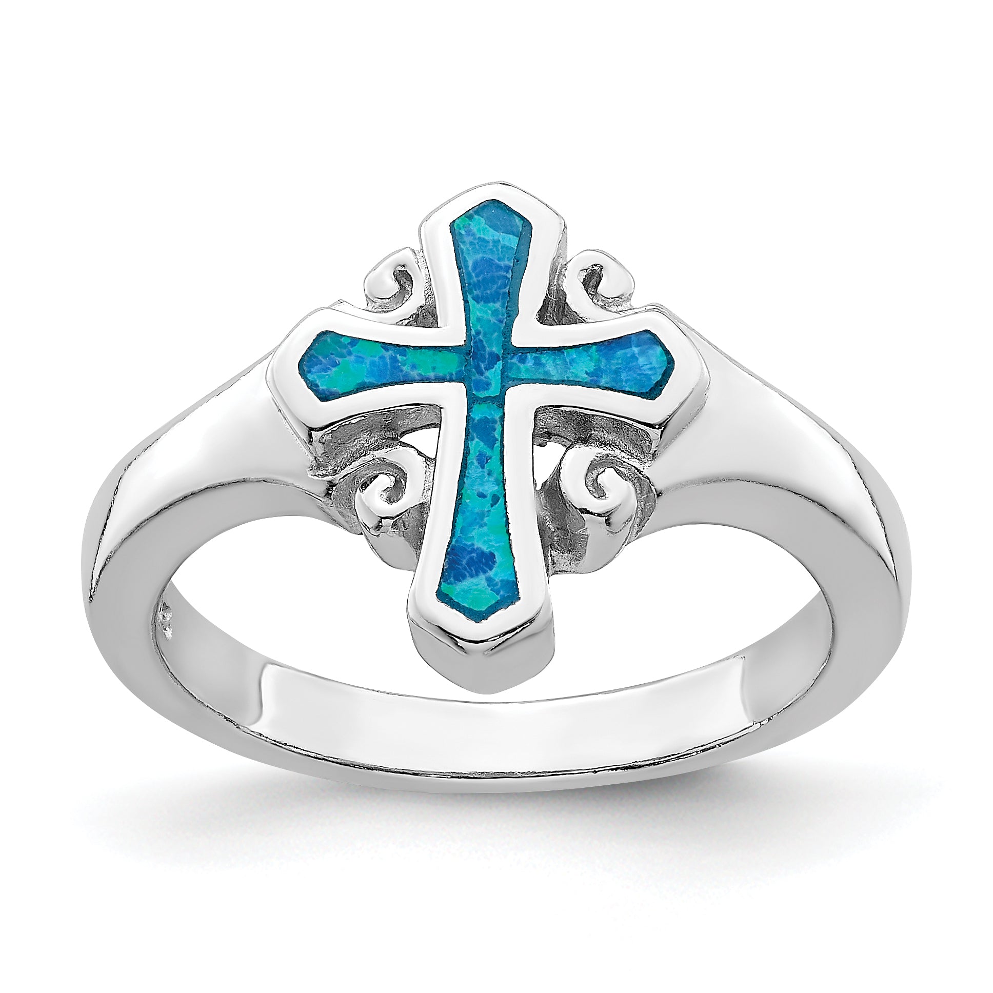 Sterling Silver Rhodium-plated Blue Inlay Created Opal Cross Ring