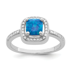 Sterling Silver Rhodium-plated Square Blue Created Opal CZ Ring