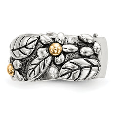 Sterling Silver With14k Antiqued Leaves & Flowers Band