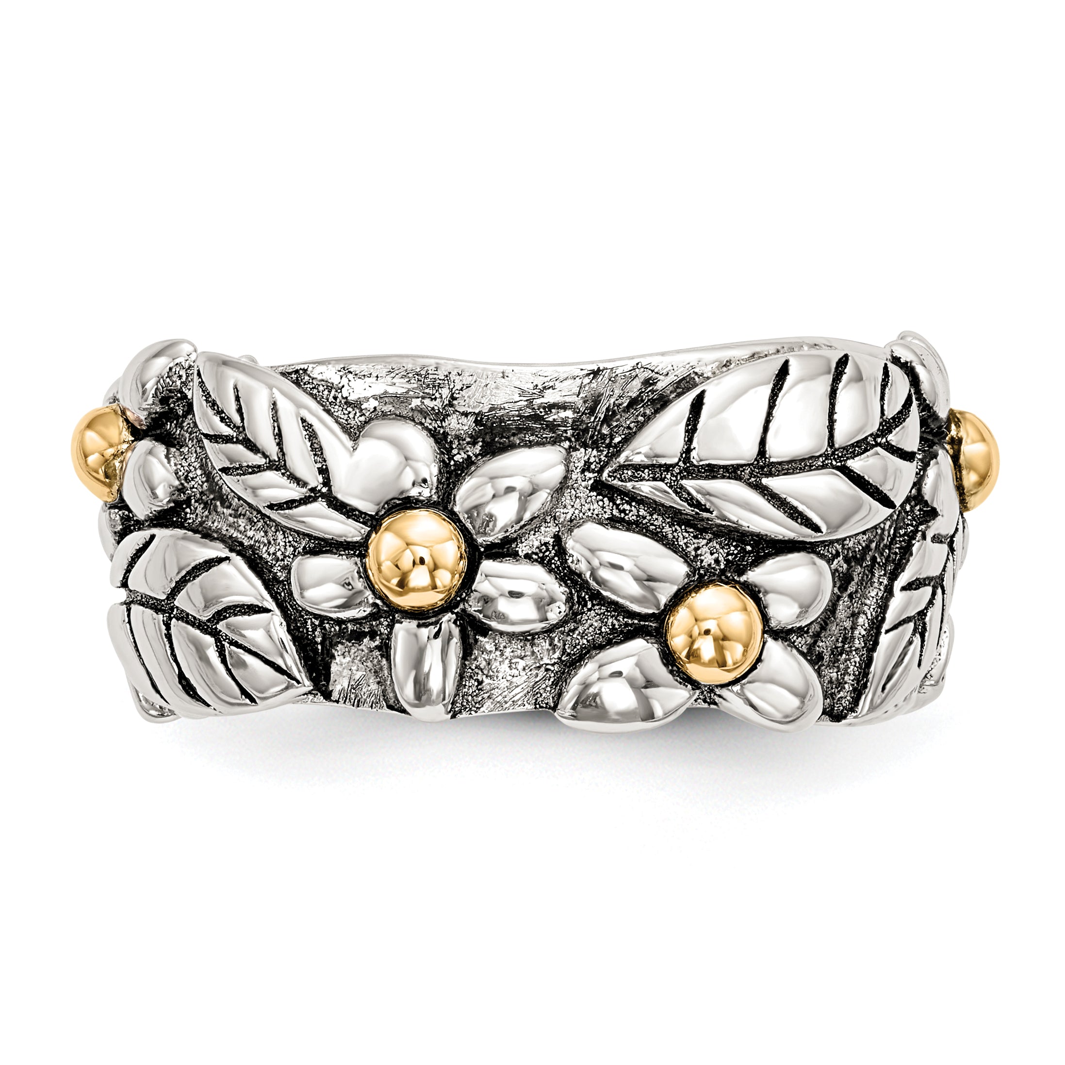 Sterling Silver With14k Antiqued Leaves & Flowers Band