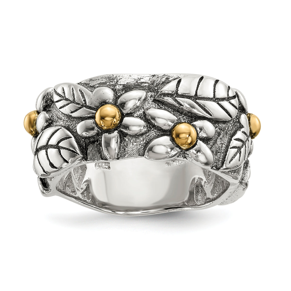 Sterling Silver With14k Antiqued Leaves & Flowers Band