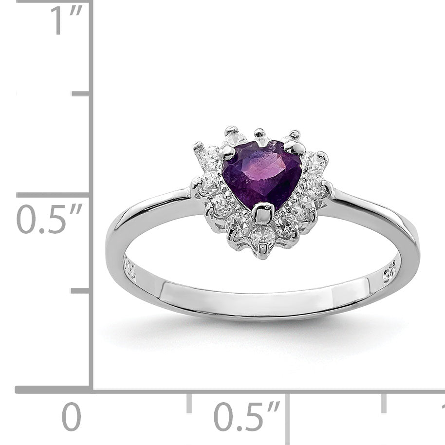 Sterling Silver Rhodium-plated Amethyst and CZ Heart Ring