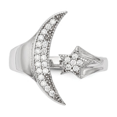 Sterling Silver Rhodium-plated CZ Moon WithStar Polished Ring