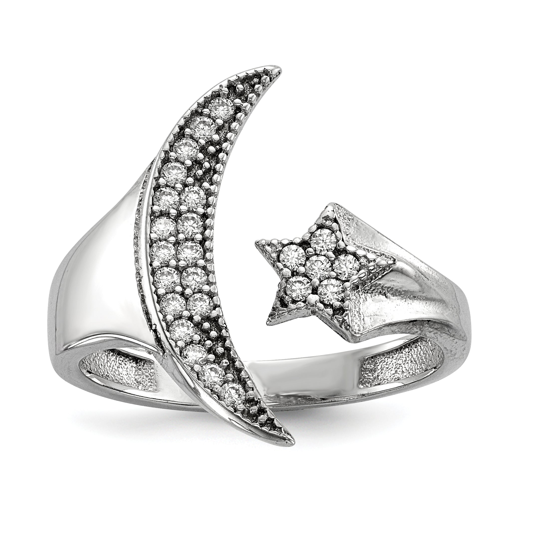 Sterling Silver Rhodium-plated CZ Moon WithStar Polished Ring