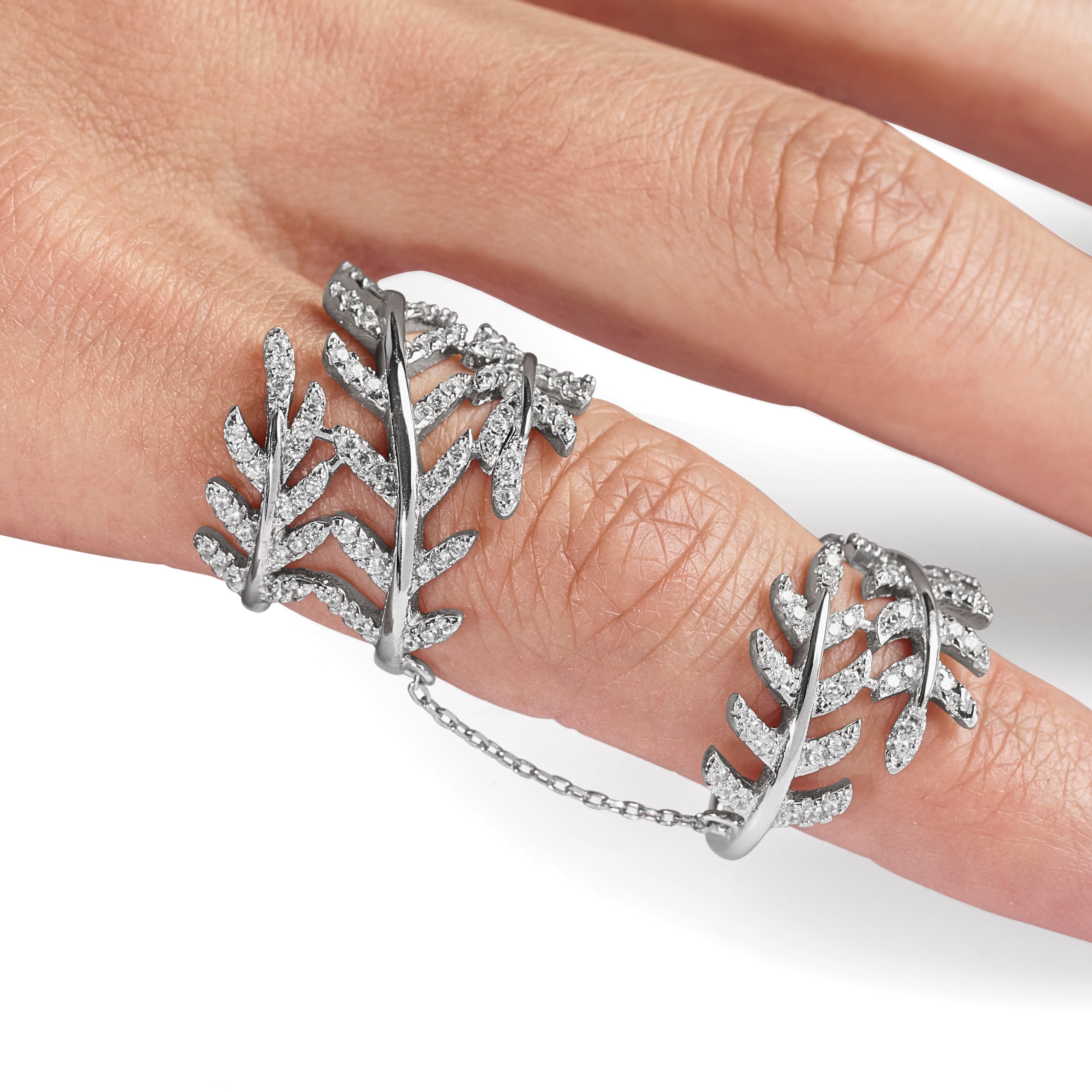 Sterling Silver Rhodium-plated CZ Leaf with Extender Ring