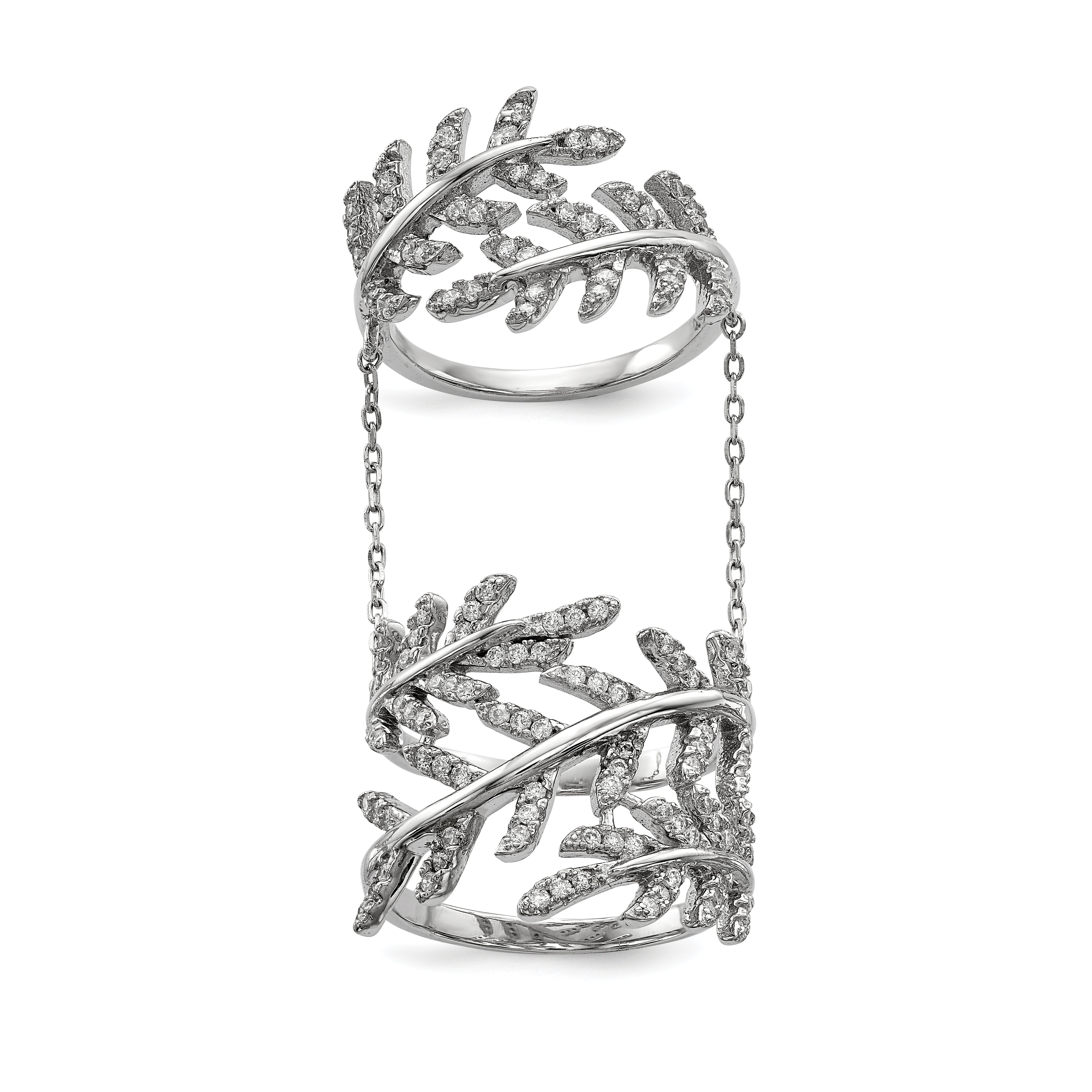 Sterling Silver Rhodium-plated CZ Leaf with Extender Ring