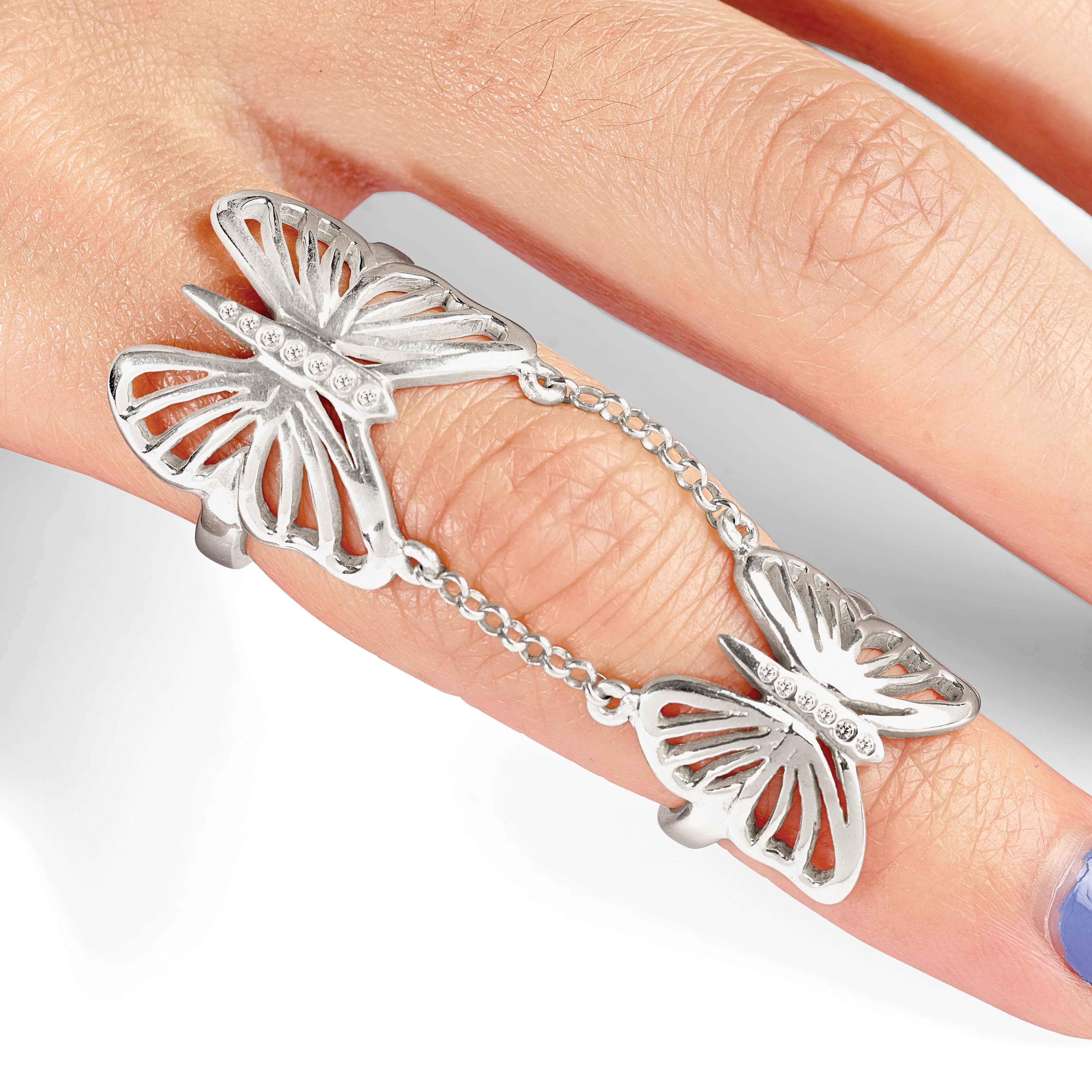 Sterling Silver Polished CZ Butterfly Double Finger Ring