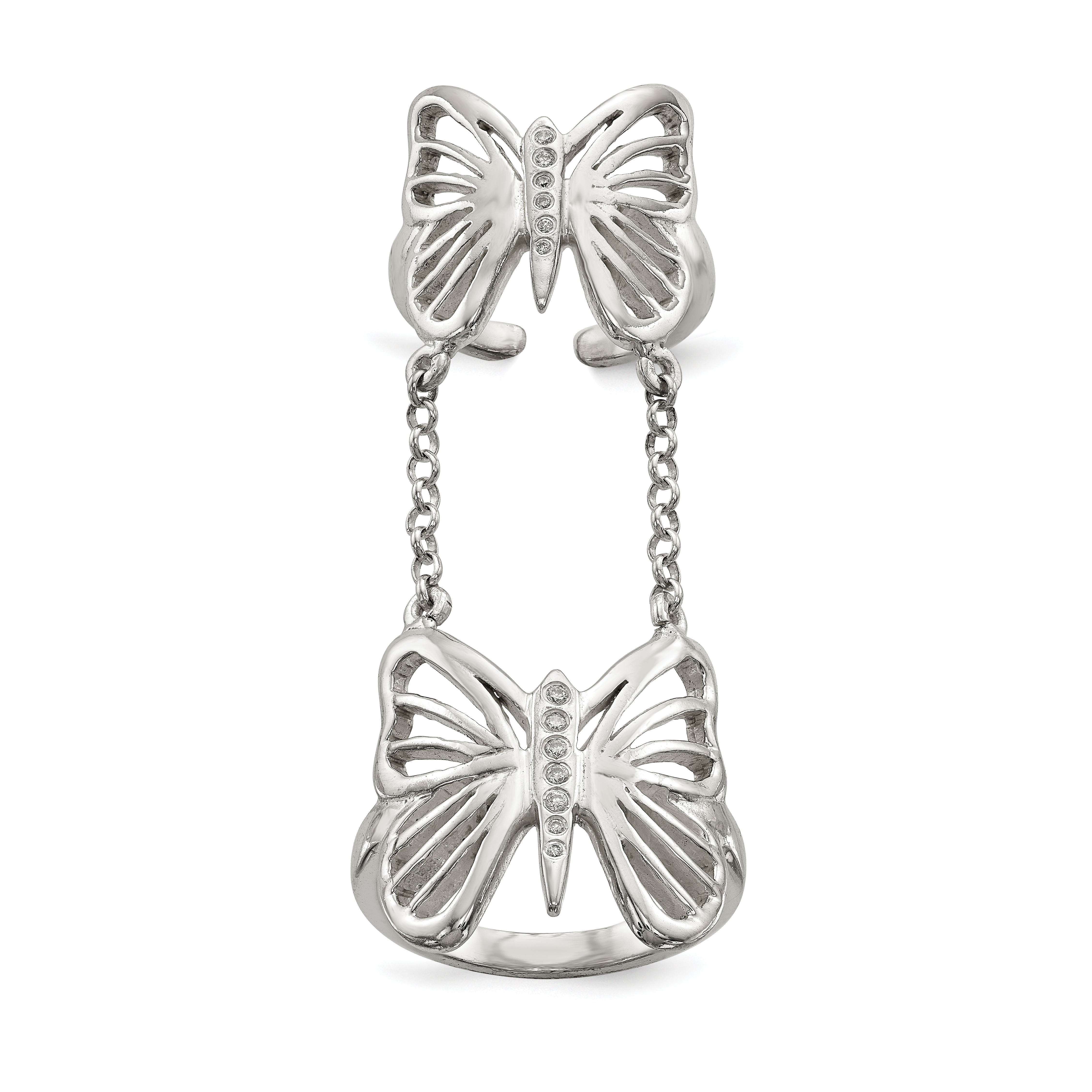 Sterling Silver Polished CZ Butterfly Double Finger Ring