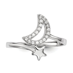 Sterling Silver Rhodium-plated CZ Moon and Star Ring