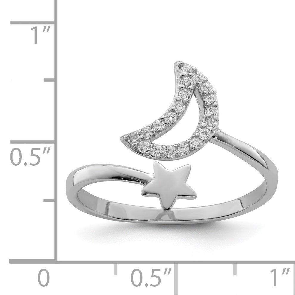 Sterling Silver Rhodium-plated CZ Moon and Star Ring