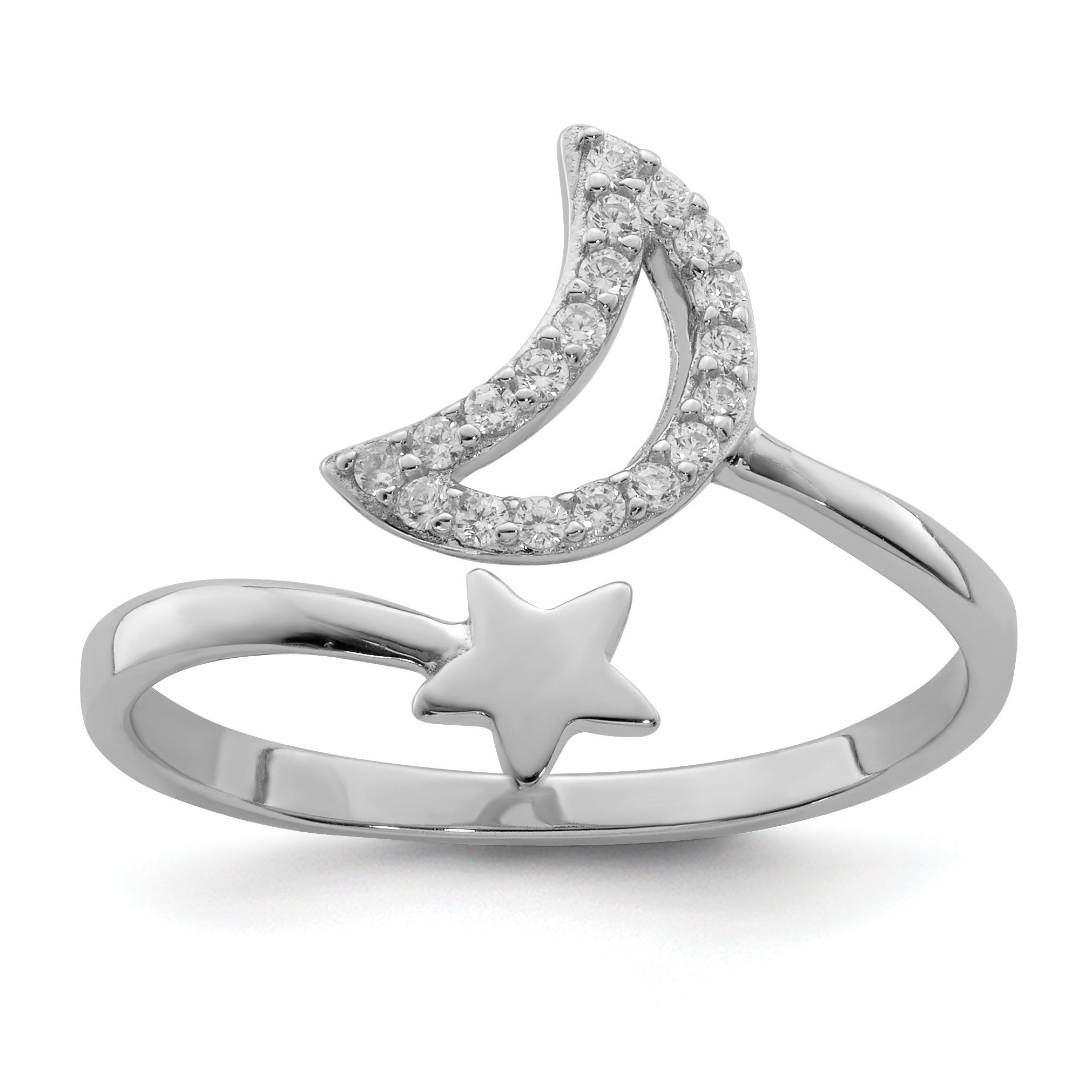 Sterling Silver Rhodium-plated CZ Moon and Star Ring