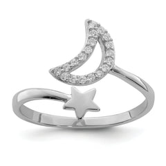 Sterling Silver Rhodium-plated CZ Moon and Star Ring