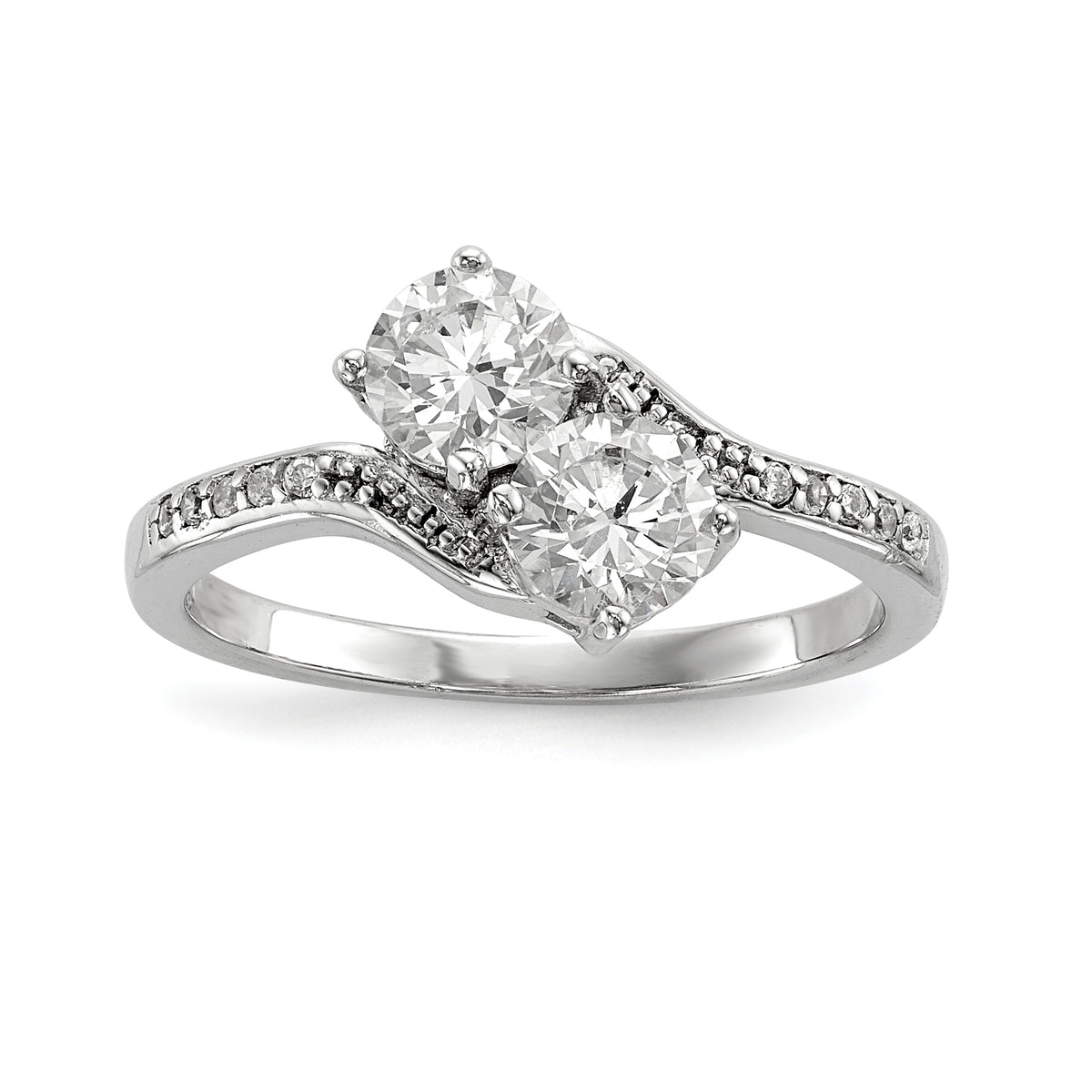 Sterling Silver Rhodium-plated Two Stone CZ Bypass Ring