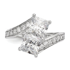 Sterling Silver Rhodium-plated CZ Two Stone Square Bypass Ring