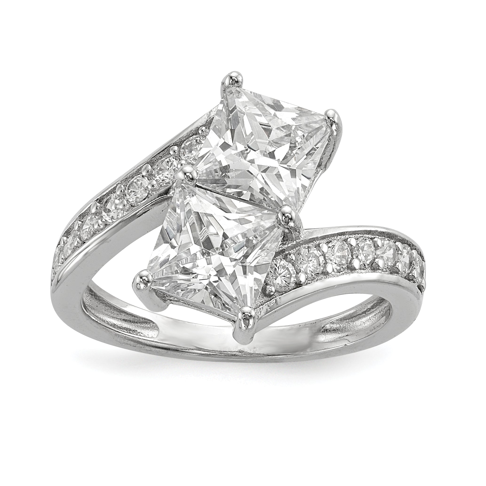 Sterling Silver Rhodium-plated CZ Two Stone Square Bypass Ring