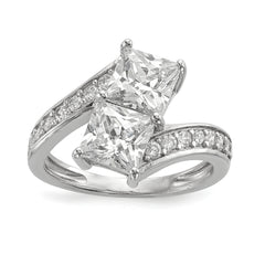 Sterling Silver Rhodium-plated CZ Two Stone Square Bypass Ring