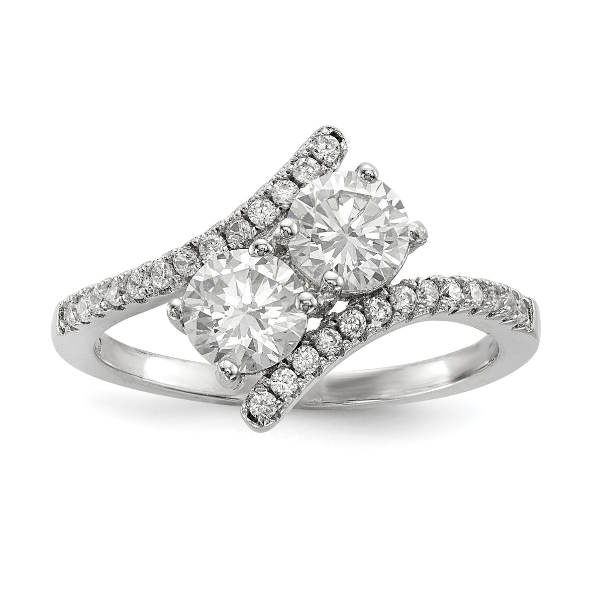 Sterling Silver Rhodium-plated CZ Two Stone Polished Bypass Ring