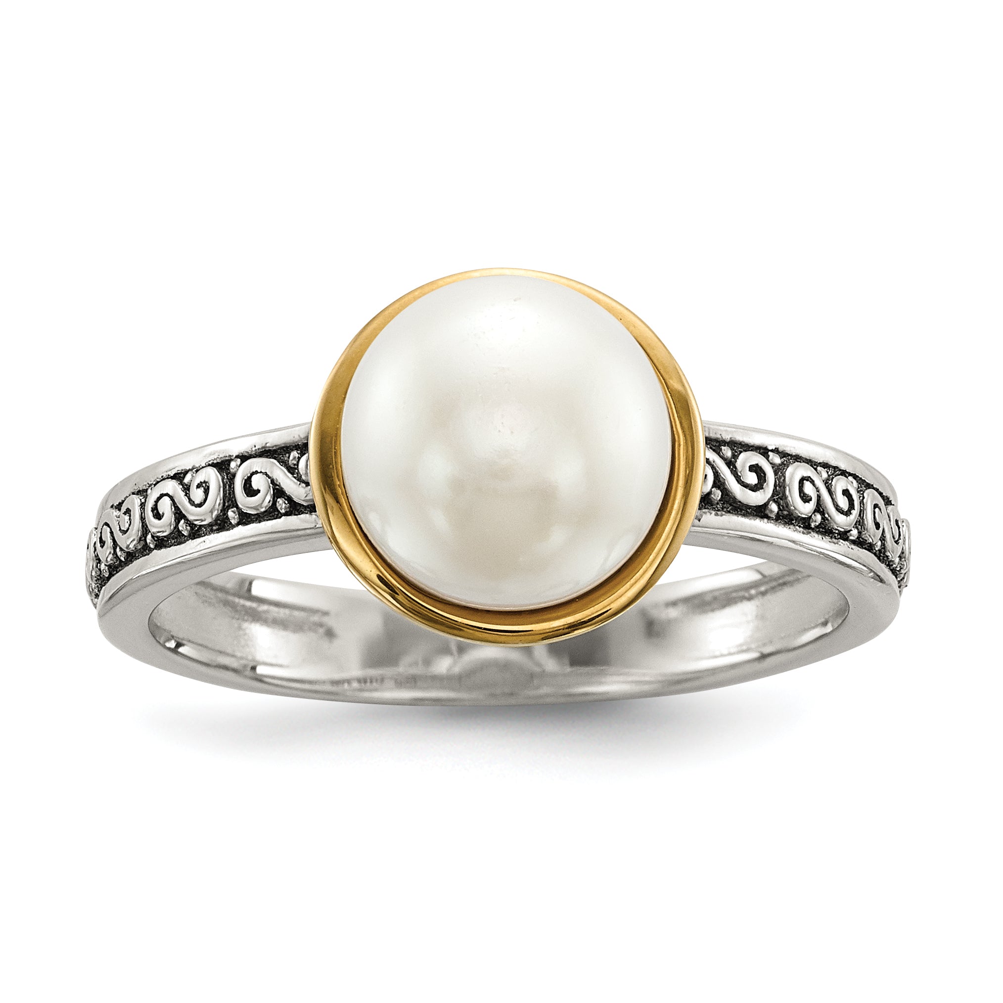 Sterling Silver With14k Antiqued 8mm Button FWC Pearl Set of 3 Rings