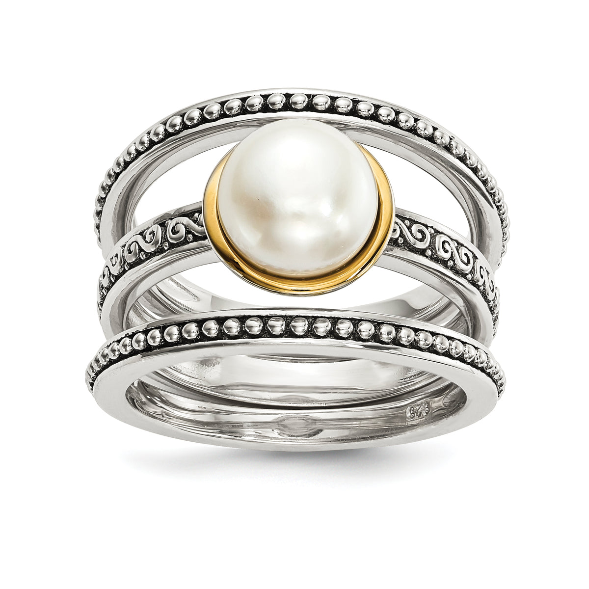 Sterling Silver With14k Antiqued 8mm Button FWC Pearl Set of 3 Rings