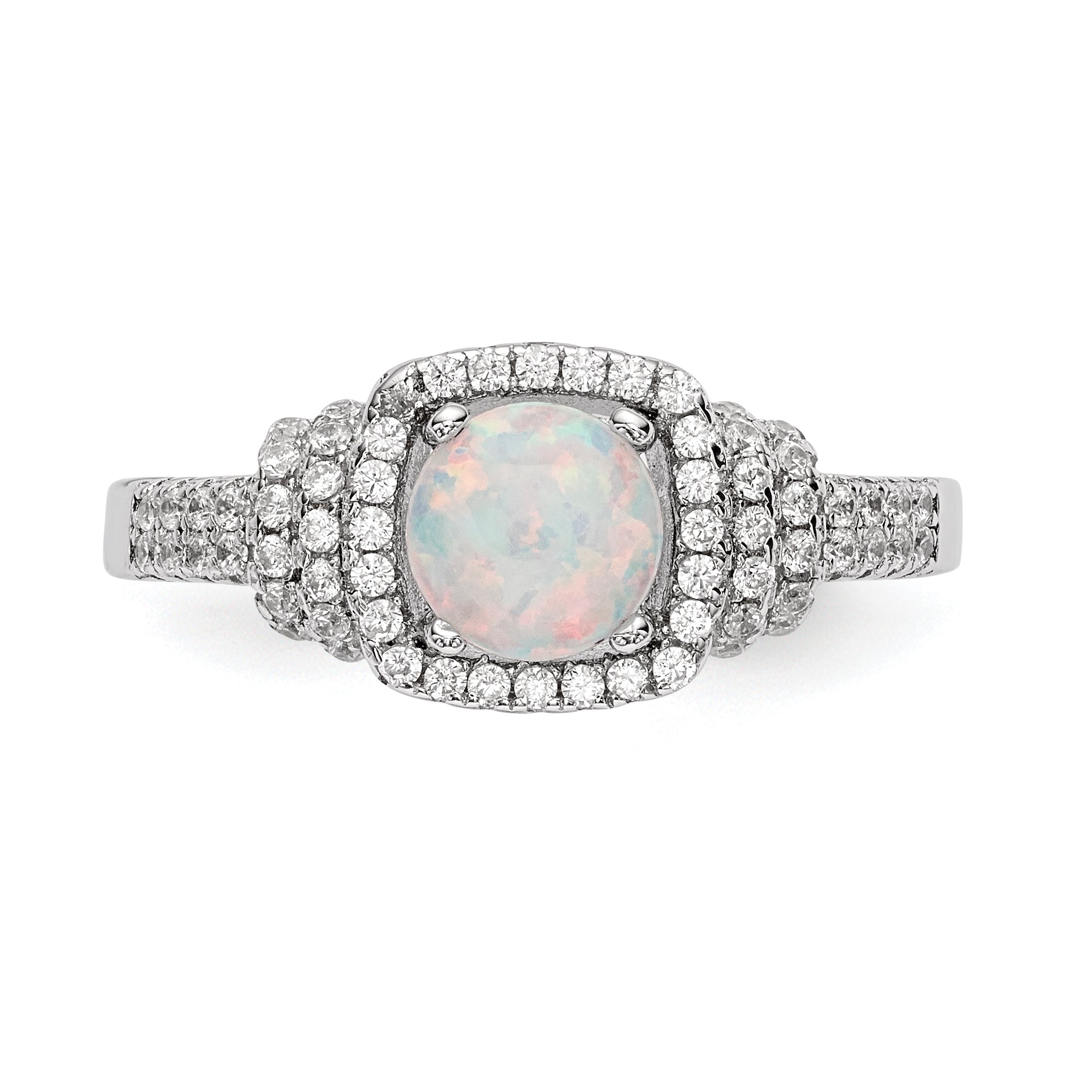 Sterling Silver Rhodium-plated CZ and Lab Created White Opal Ring