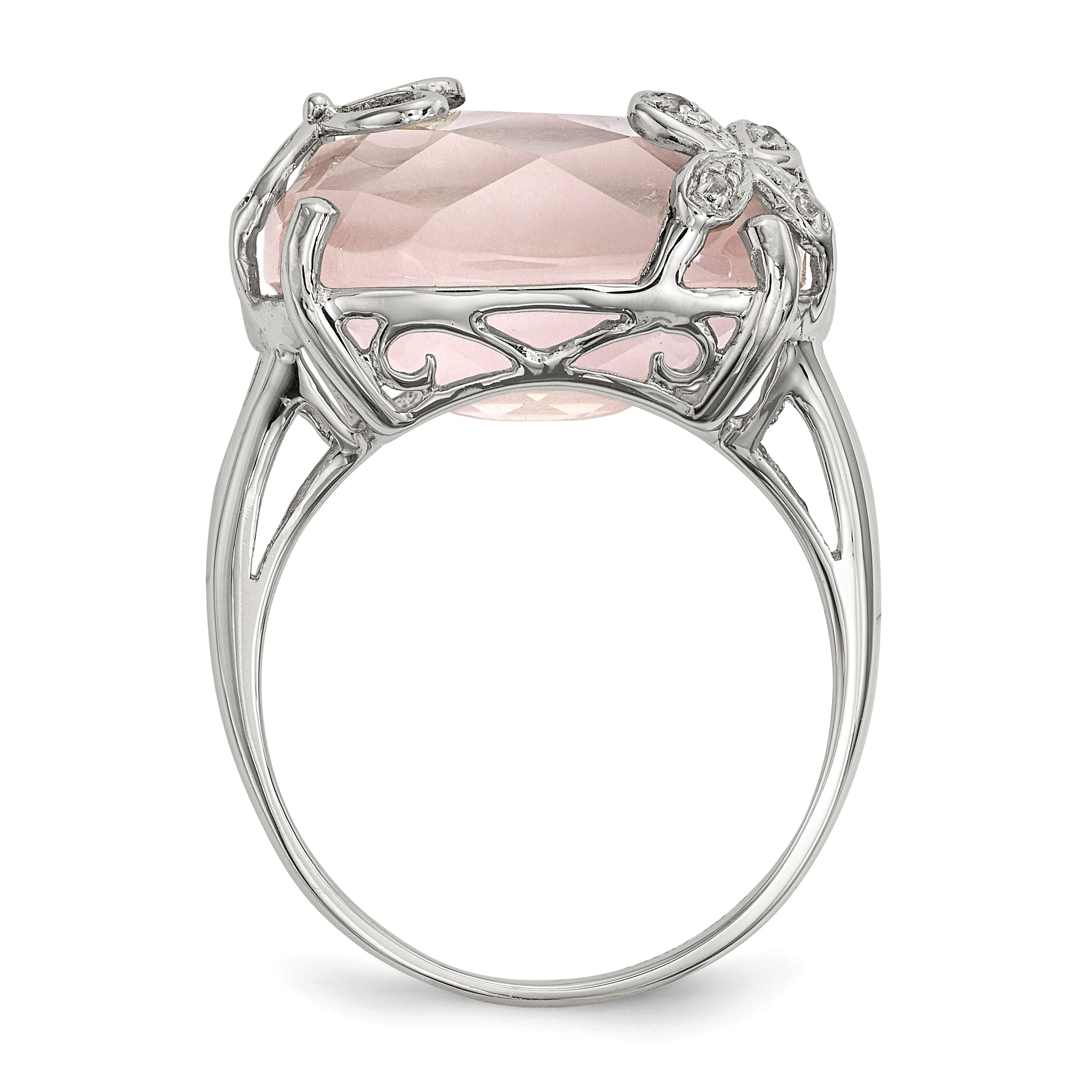 Sterling Silver Rhodium-plated Rose Quartz/White Sapphire Ring