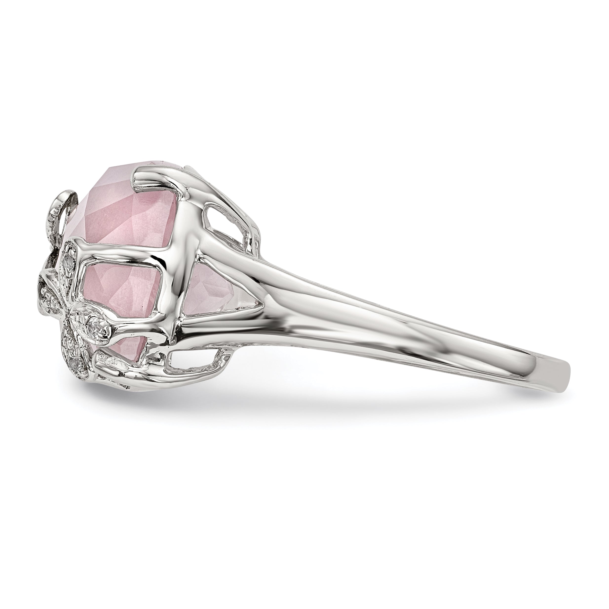 Sterling Silver Rhodium-plated Rose Quartz/White Sapphire Ring