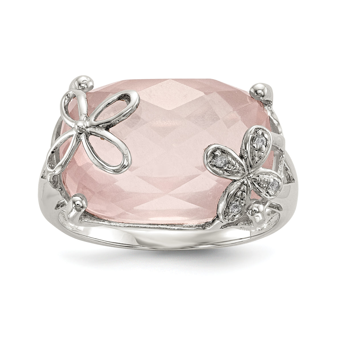 Sterling Silver Rhodium-plated Rose Quartz/White Sapphire Ring