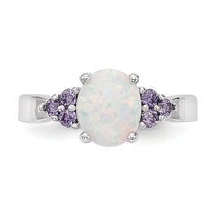 Sterling Silver Rhodium-plated Oval Created Opal WithPurple CZ Ring