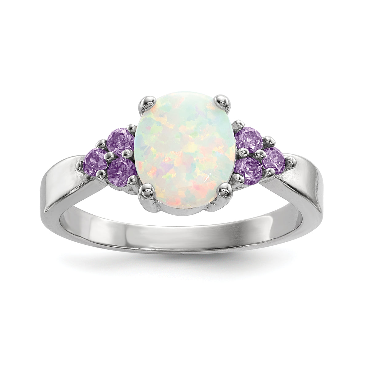 Sterling Silver Rhodium-plated Oval Created Opal WithPurple CZ Ring